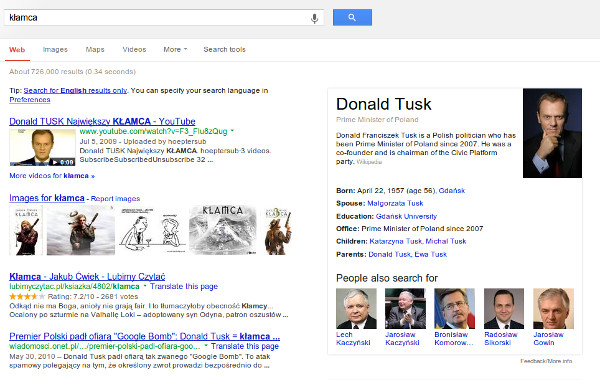 Knowledge Graph Google Bomb - Polish Prime Minister shows up for Liar Search