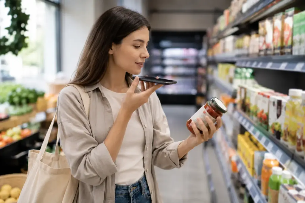 Woman using AI voice search while shopping