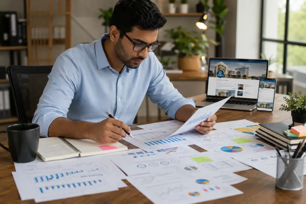 Marketing consultant reviewing client case study and brand consistency