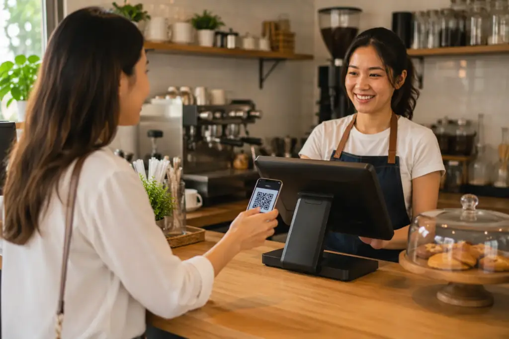 Customer using a loyalty QR code at a café