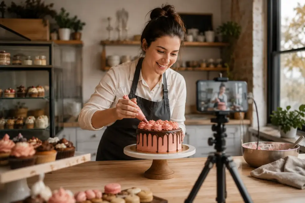 Bakery owner filming short-form video content