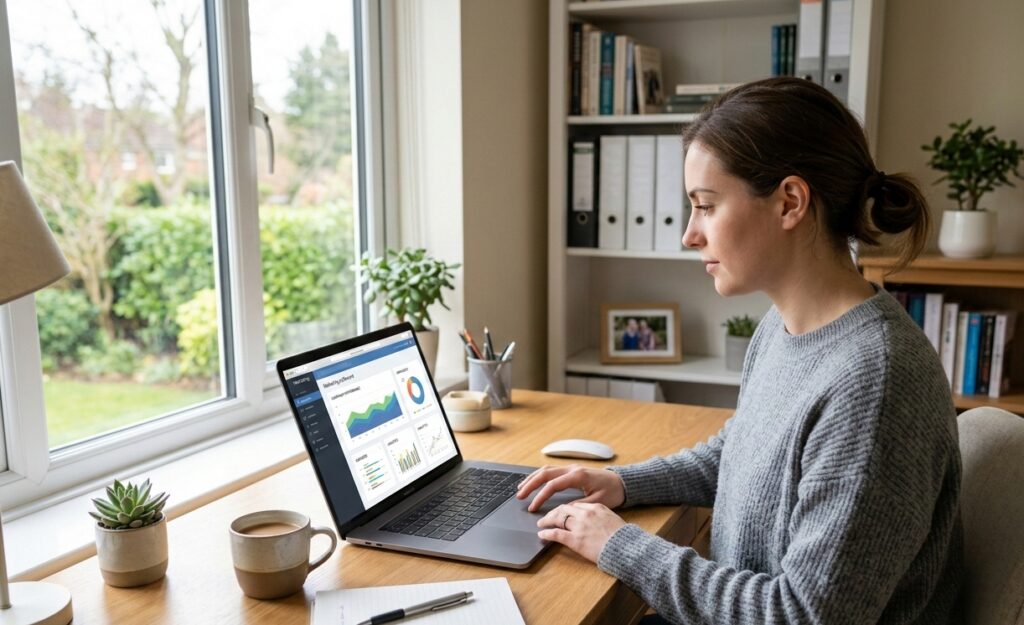 Small business owner sending marketing emails to customers from a laptop