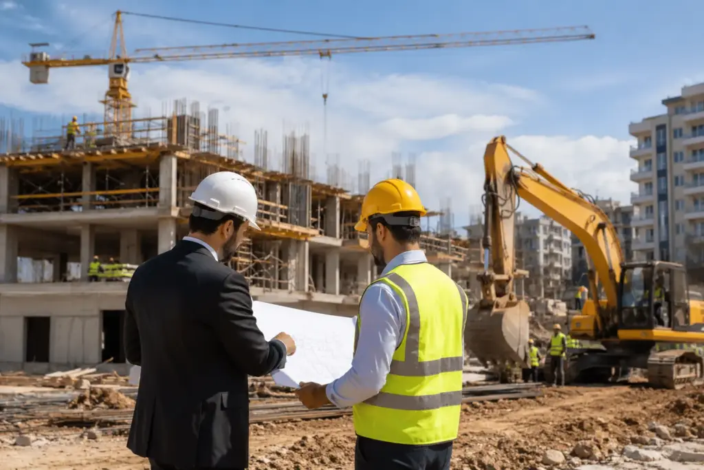 Construction professionals reviewing plans