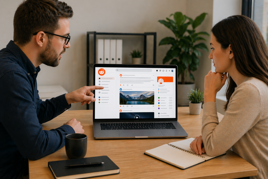 Two professionals discussing strategy over a laptop showing Reddit