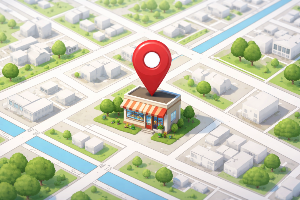 Small local shop highlighted on a map with a location pin