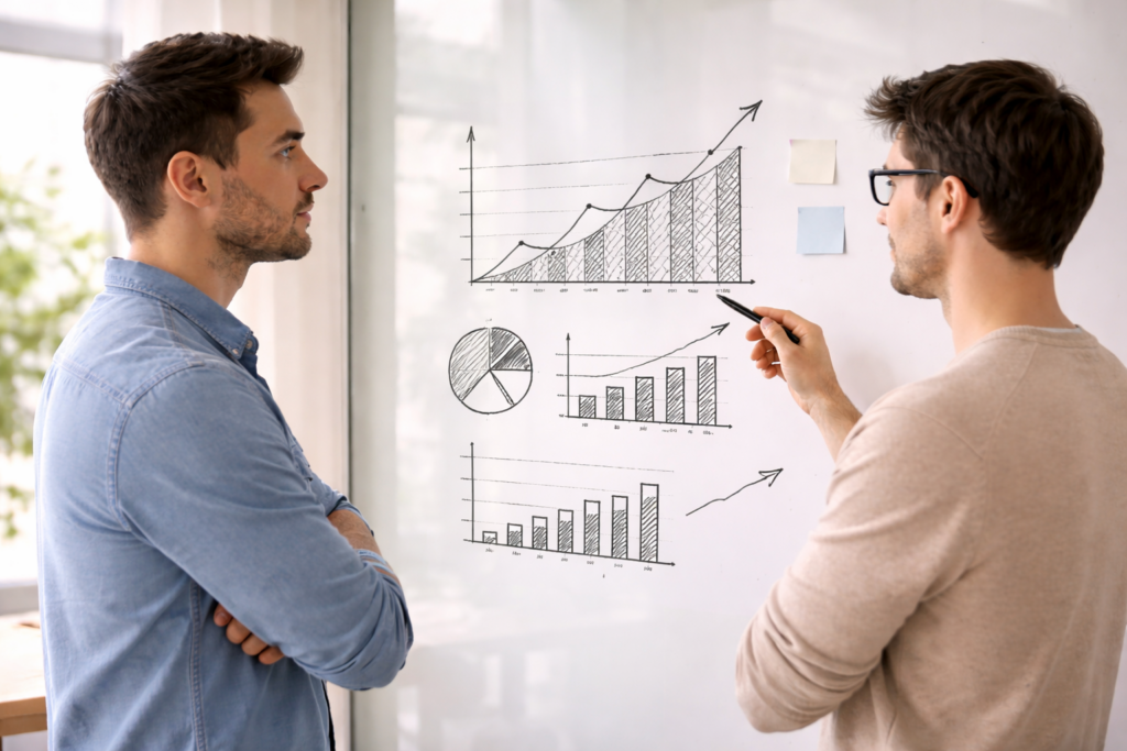Team discussing performance charts on a wall