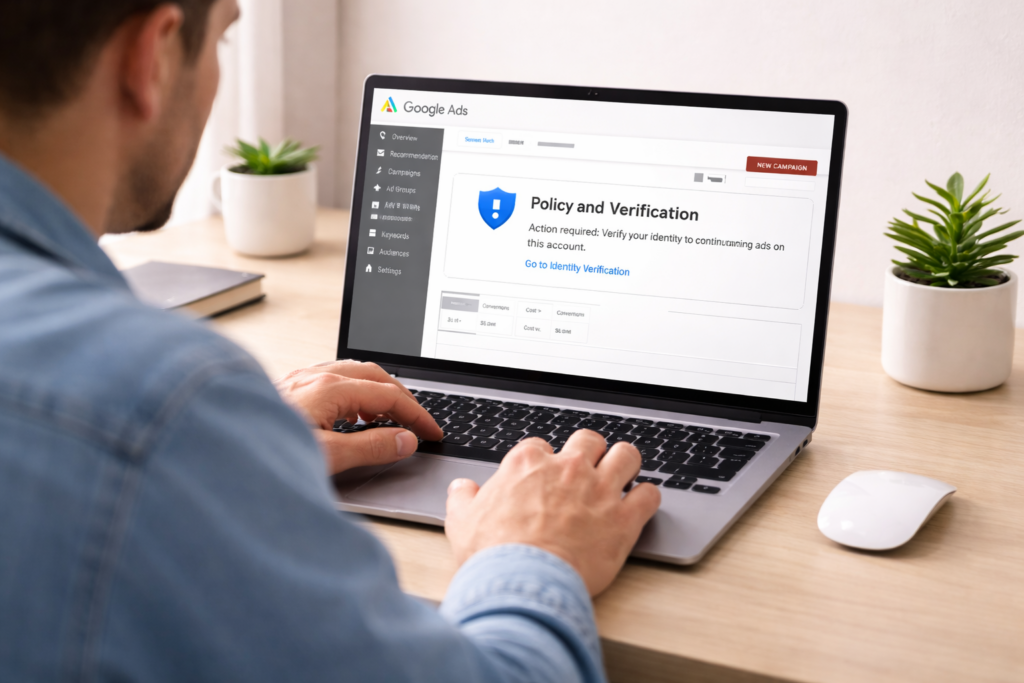 Person looking at a laptop screen displaying a Google Ads warning message in a minimal home office setting