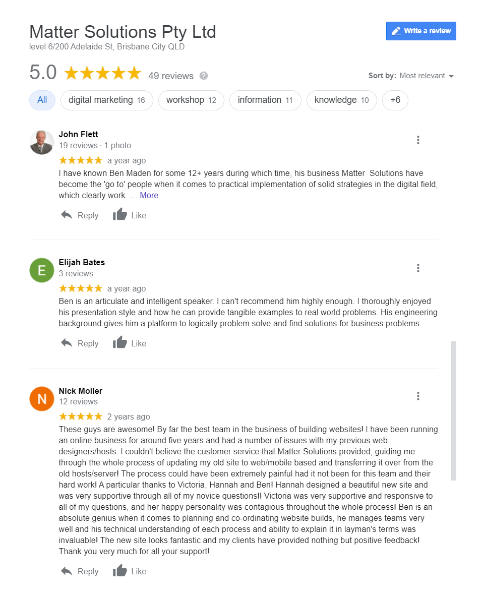 Google Reviews that highly recommend Matter Solutions