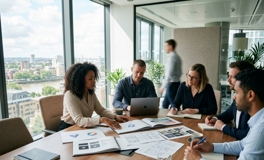 Business team discussing long-term brand strategy in a meeting