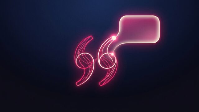 A glowing quotation mark and answer panel, representing a business being cited by AI